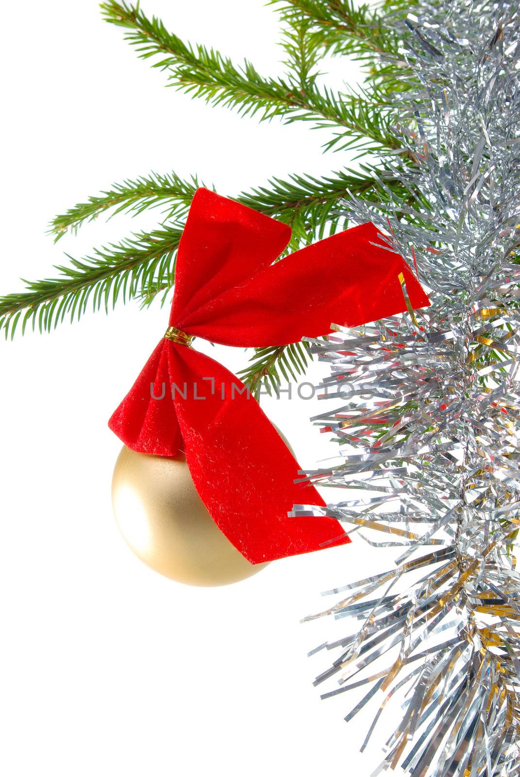 Tree branch, baubles and christmas gift.