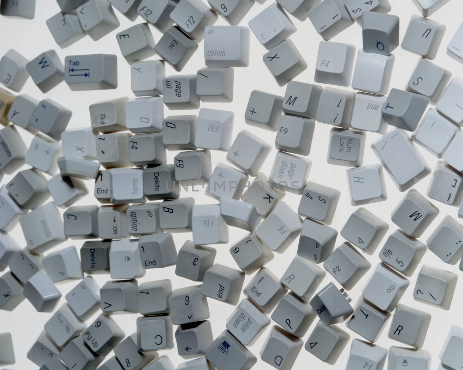 A disassembled keyboard on white
