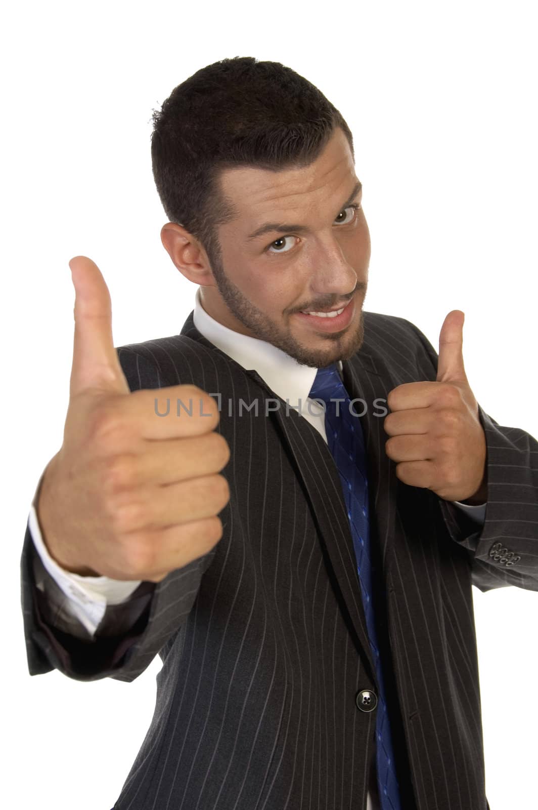 young executive wishing good luck on an isolated white background