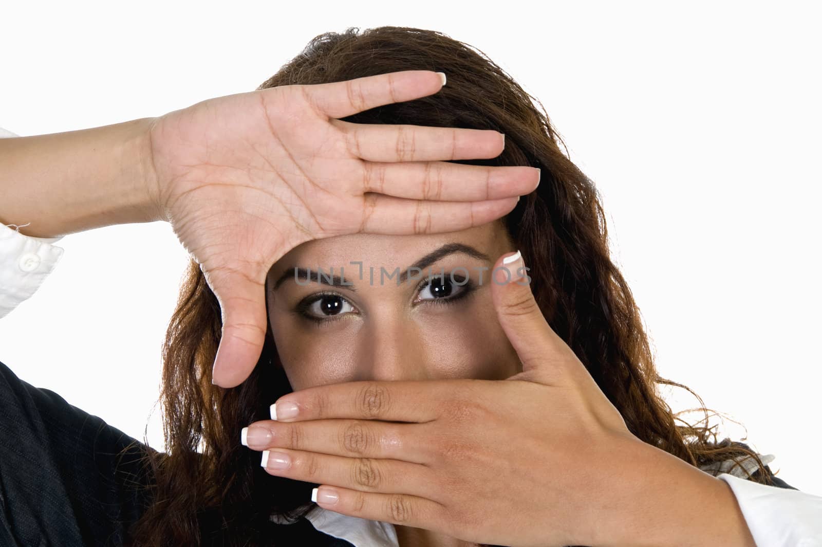 lady making frame with hands on an isolated background