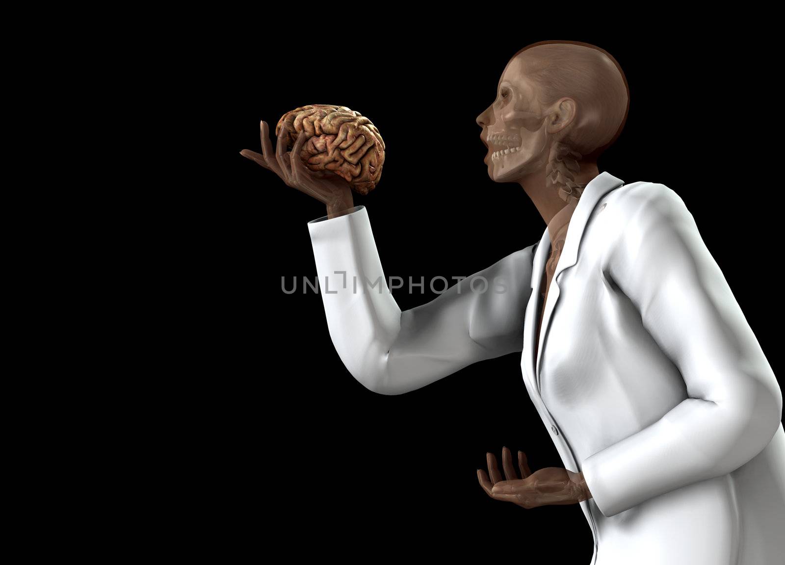 A anatomical women holding her own brain.