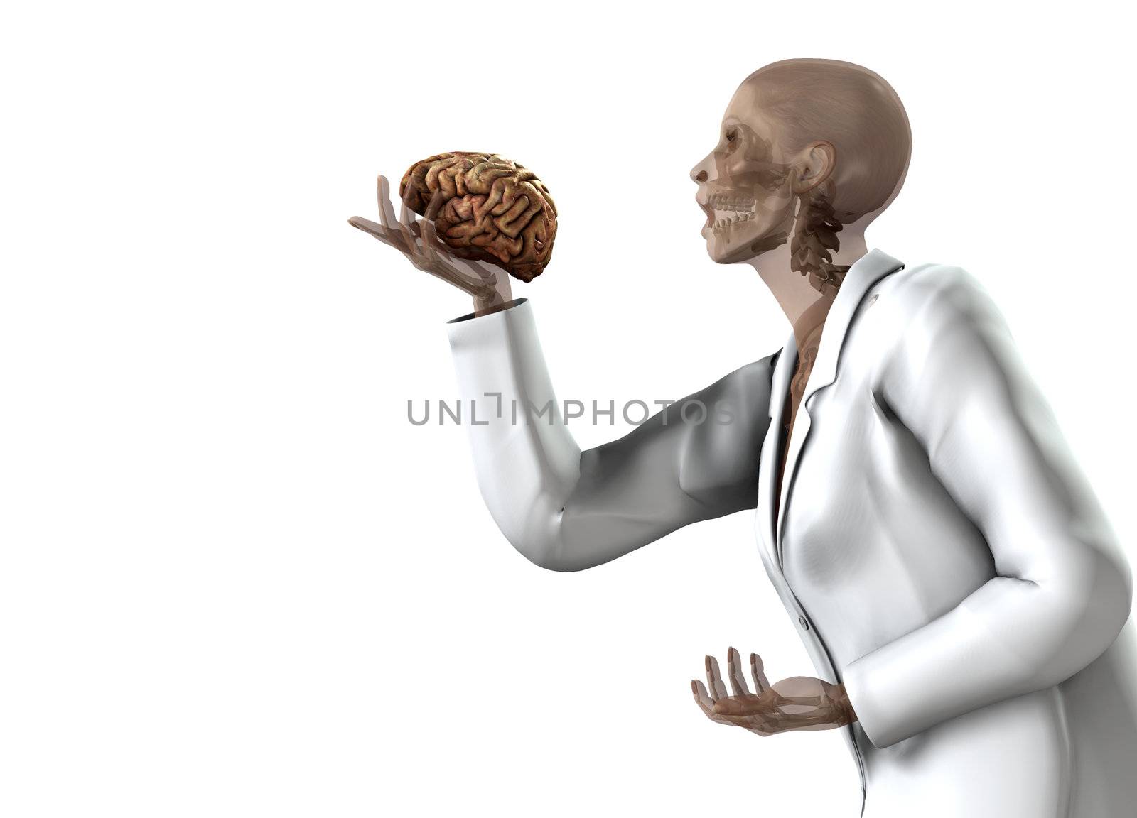 A anatomical women holding her own brain.