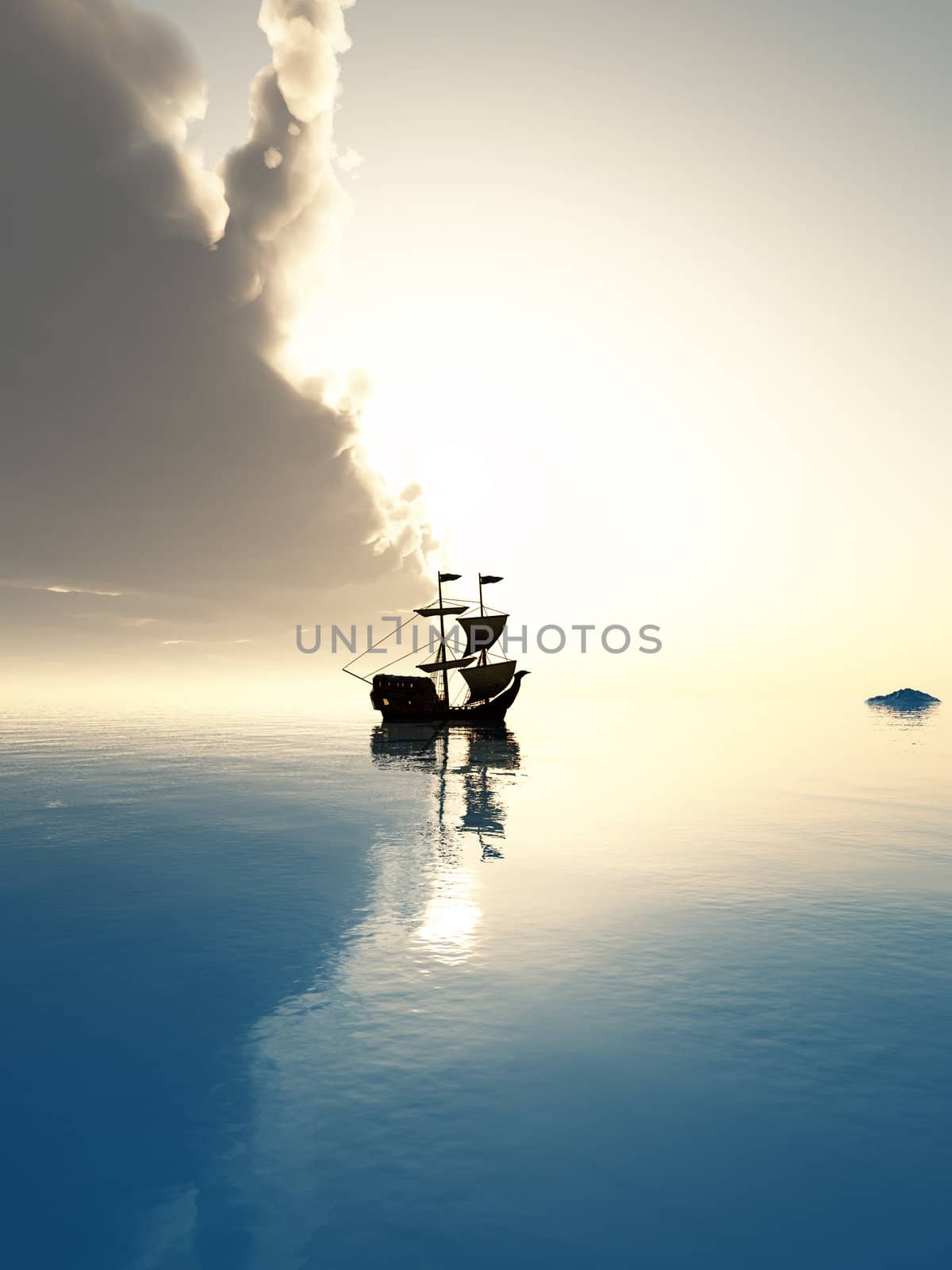 A sail boat on a tranquil sea.
