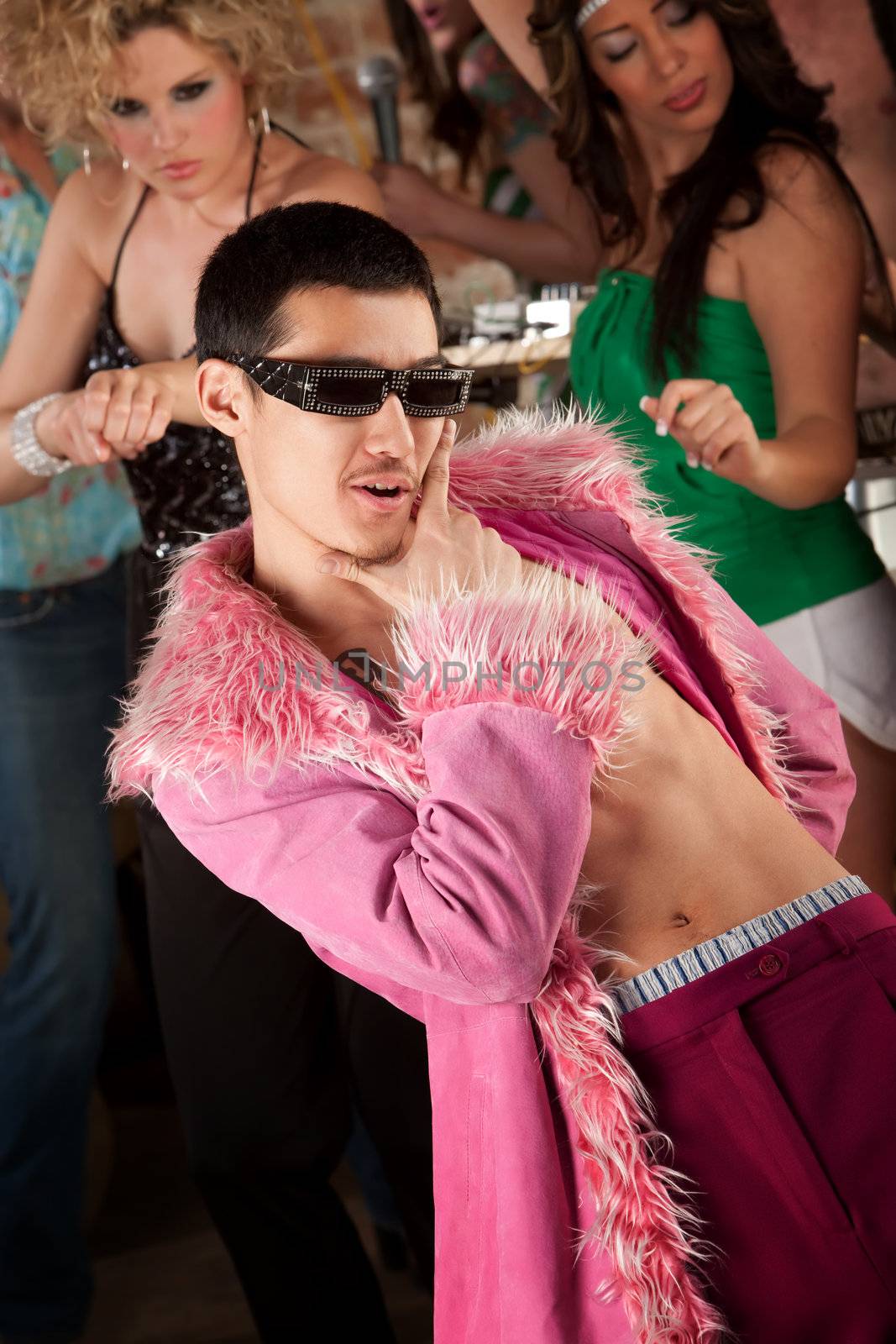 Handsome Asian man in fluffy pink coat at a 1970's disco party by Creatista