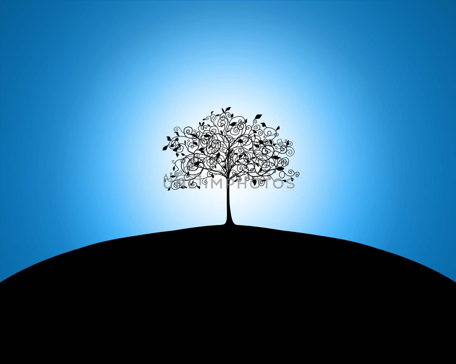 Illustration of a tree on a hill with glowing effect behind