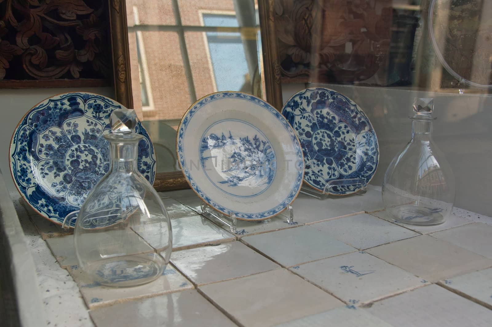 Antique Delftware in a shop window in Haarlem