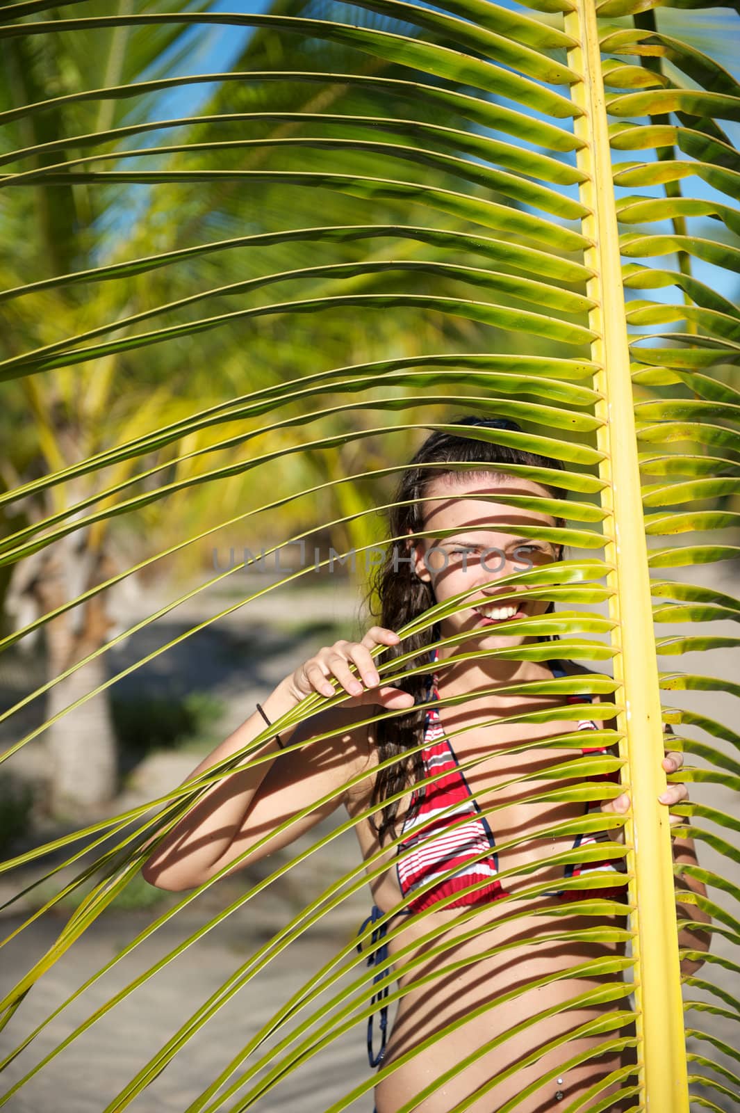 Pretty young woman playing with a palm tree in the Marau Peninsula, Bahia State, Brazil