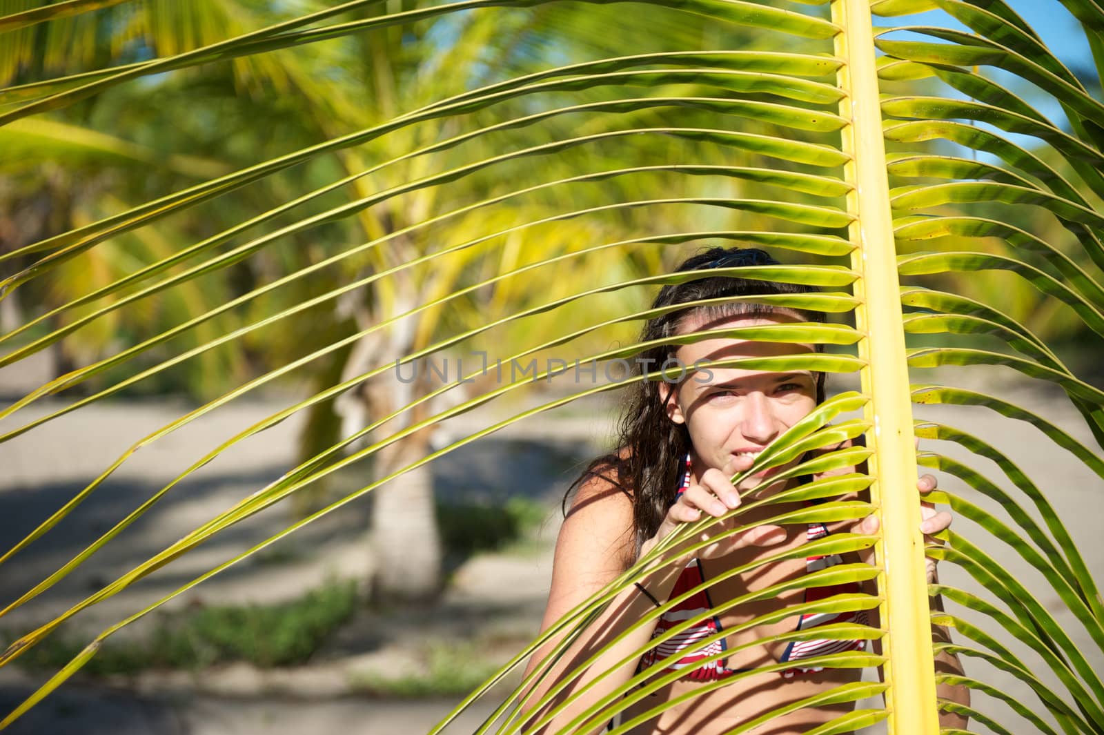 Pretty young woman playing with a palm tree in the Marau Peninsula, Bahia State, Brazil