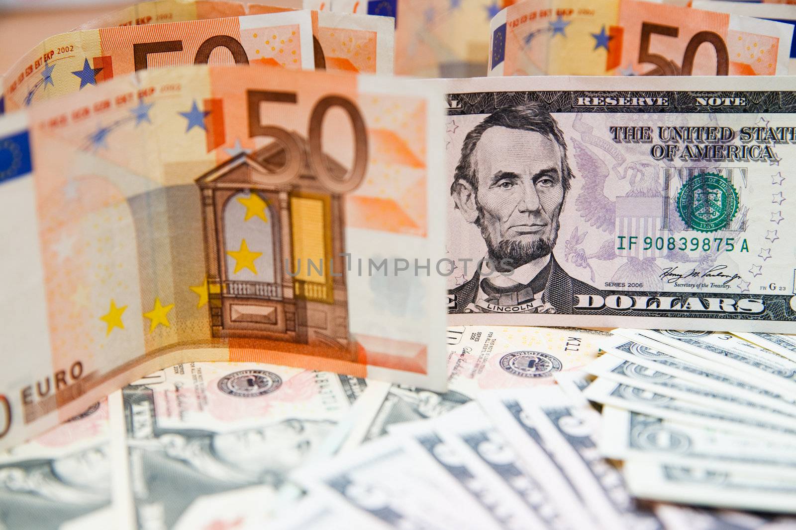 US banknotes on a fan of high-denomination european euro notes