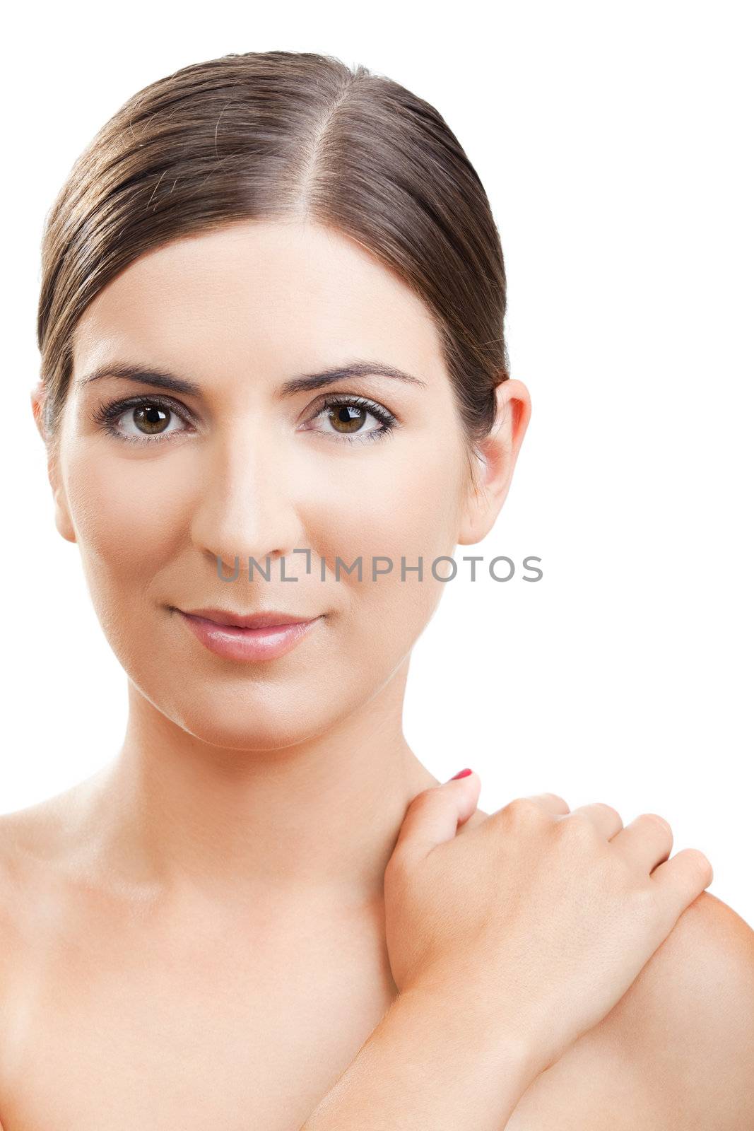 Close-up portrait of a beautiful and fresh woman isolated on white