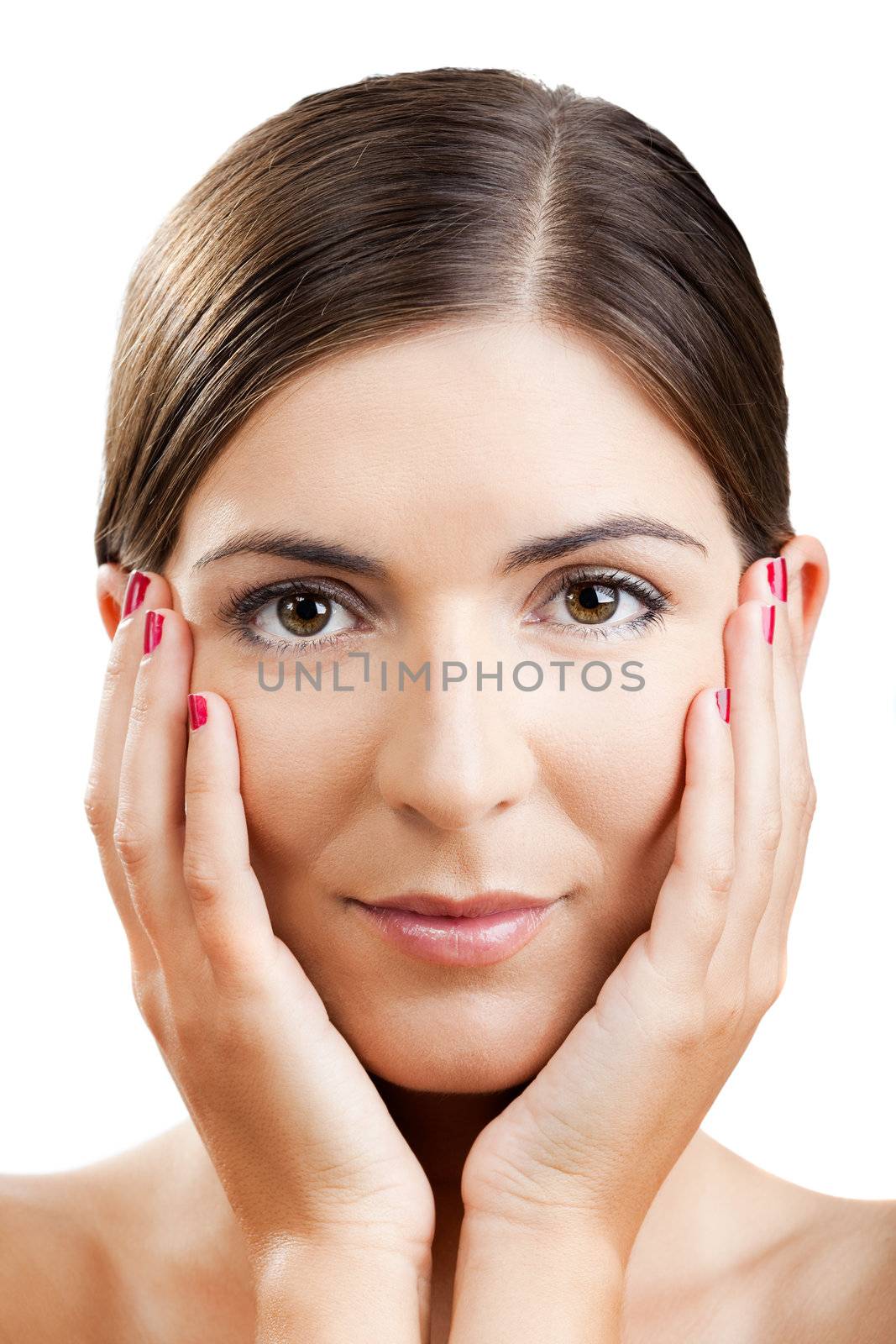 Close-up portrait of a beautiful and fresh woman isolated on white