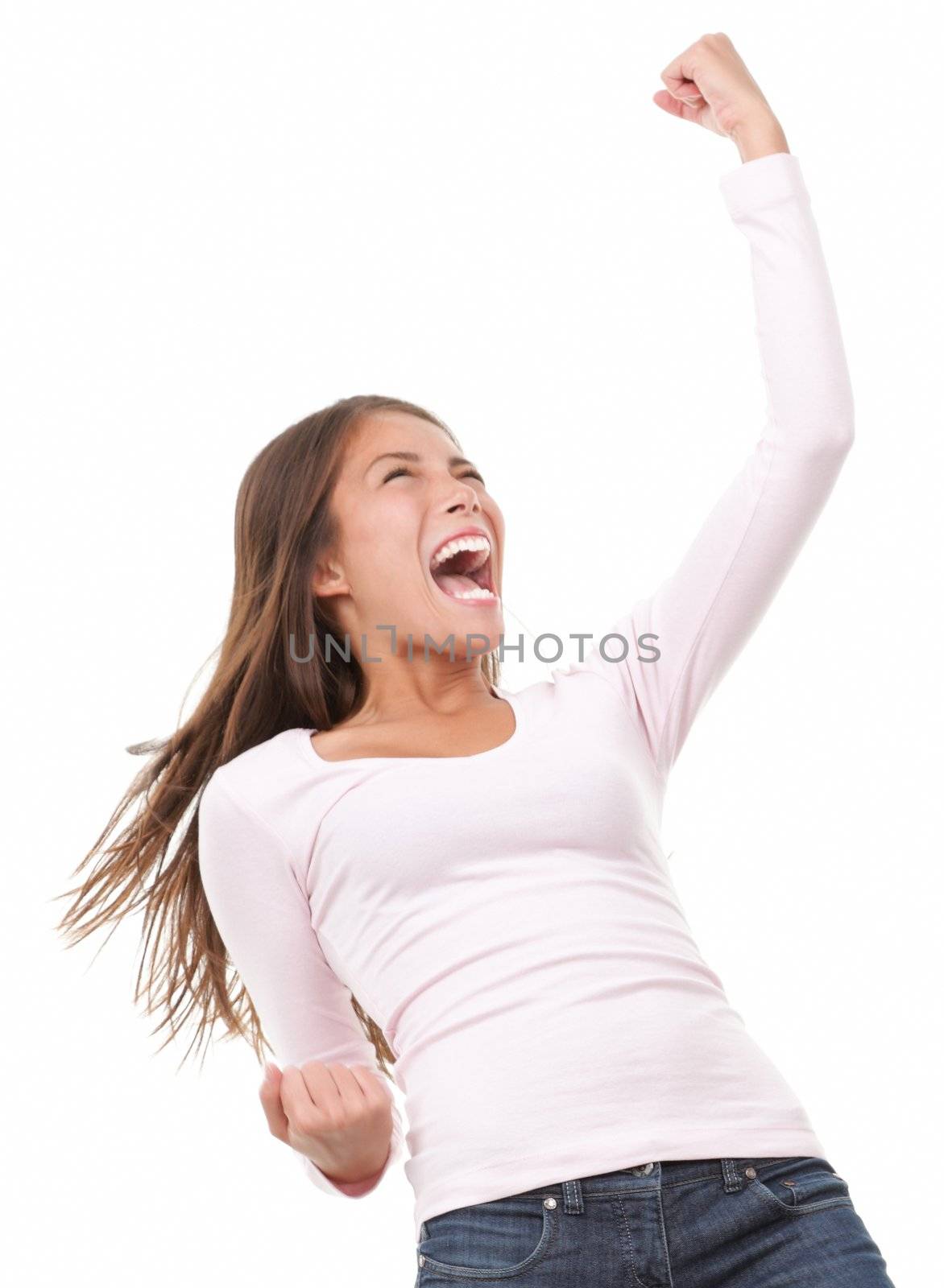 Winning success woman in full length cheering and screaming of joy. Casual young mixed race chinese / caucasian isolated in full body on white background.