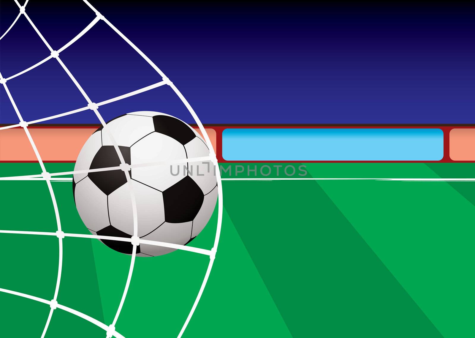 Football pitch with ball in net and green stripe grass