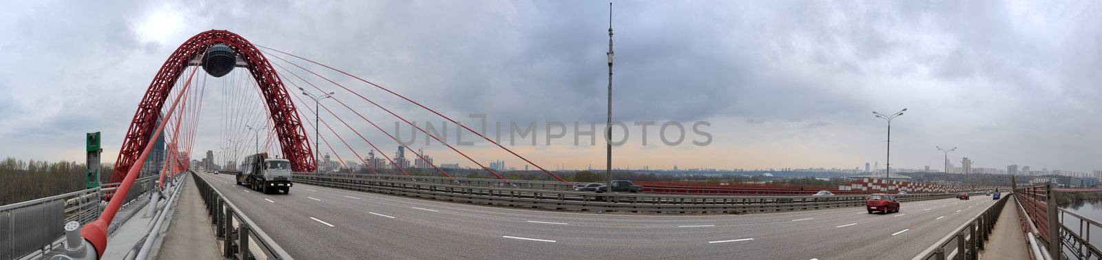 Modern red moscow car bridge, panorama evening sundown