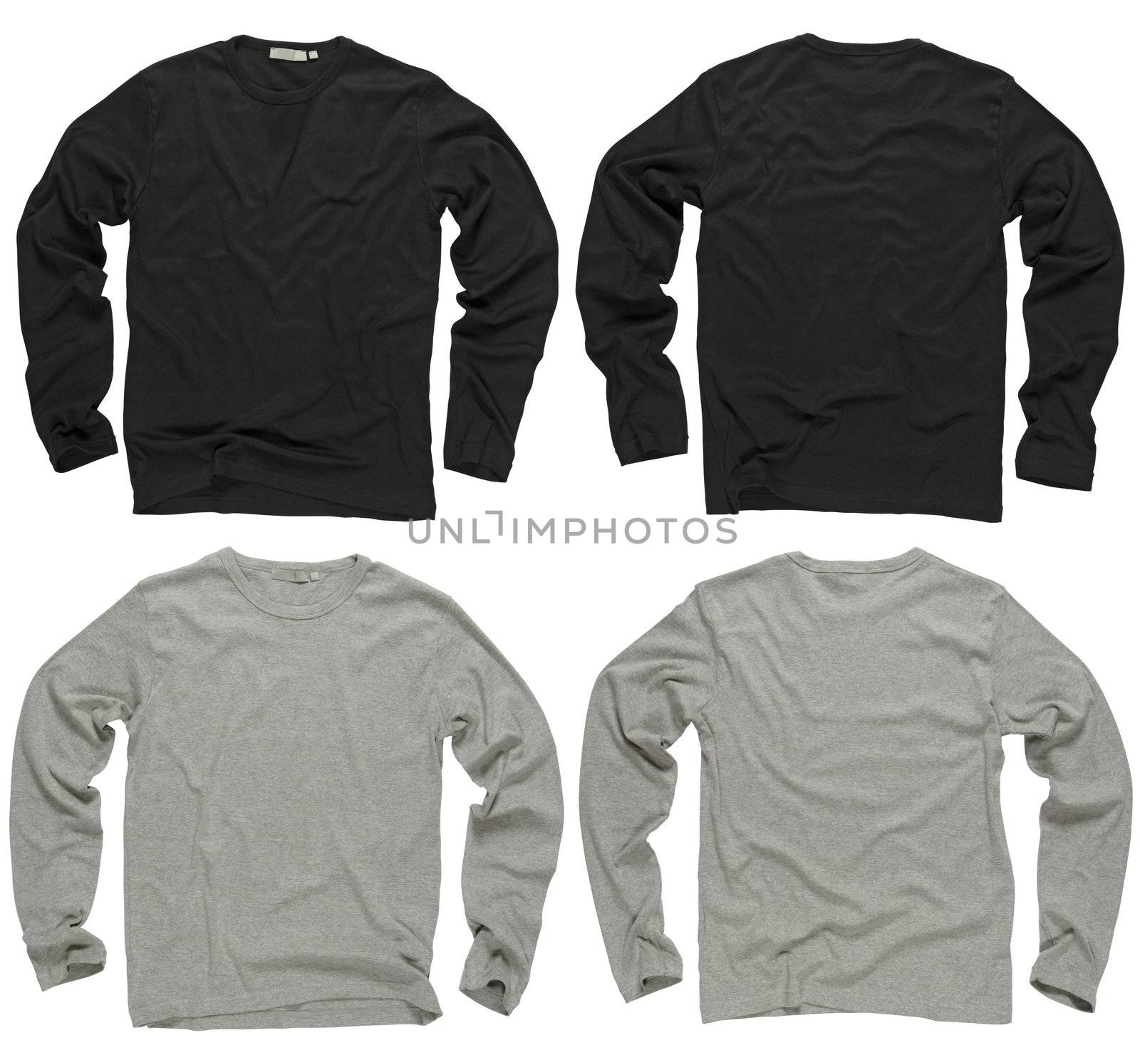 Photograph of two wrinkled blank black and gray long sleeve shirts, fronts and backs.  Clipping path included.  Ready for your design or logo.