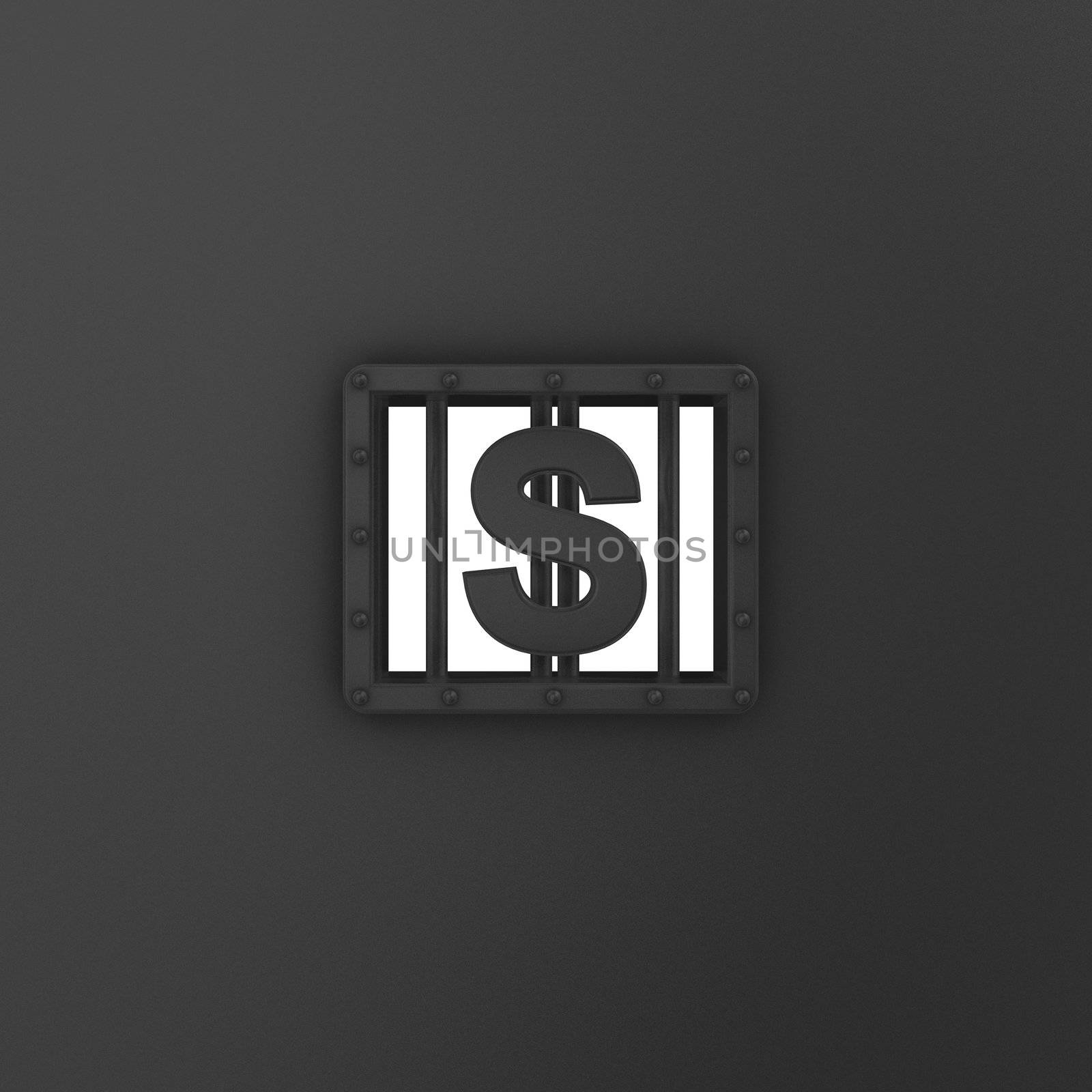 riveted steel prison window with dollar symbol - 3d illustration