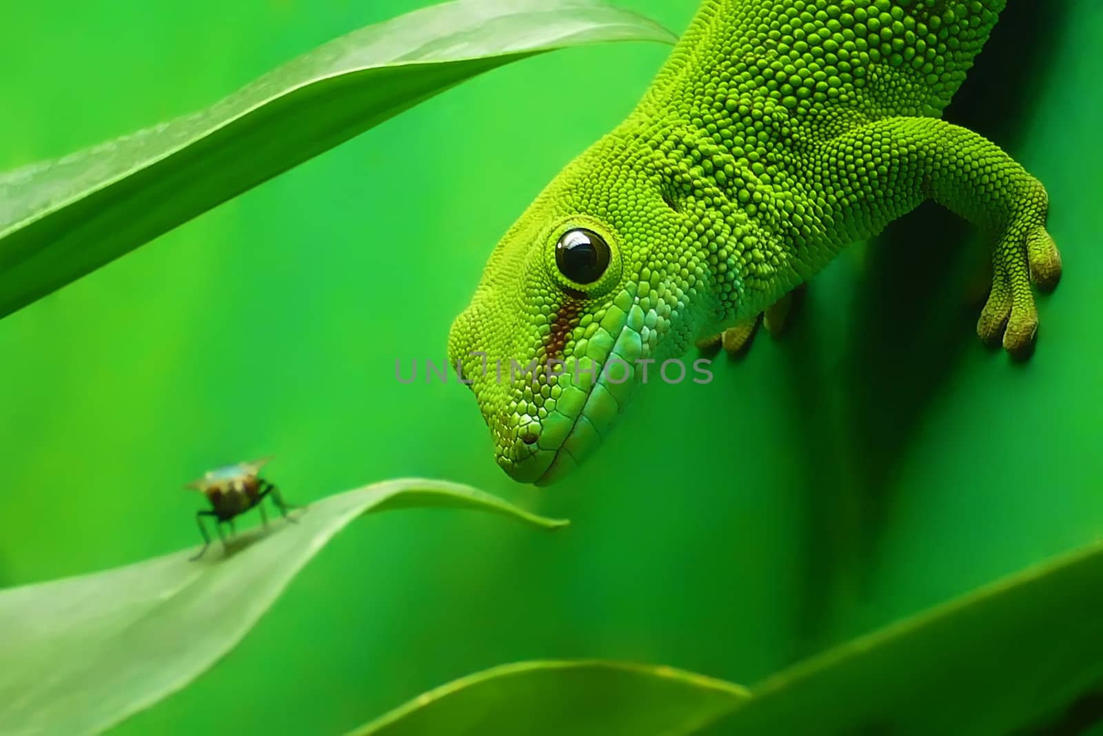 green gecko lizard on the vertikal green wall surrounded by plants