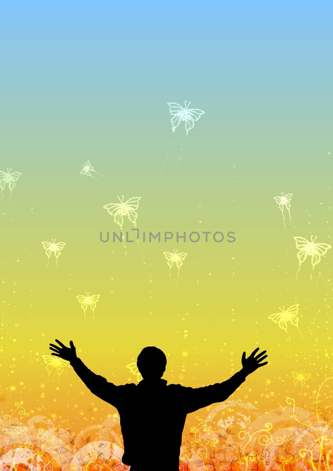 Illustration of a person and butterflies