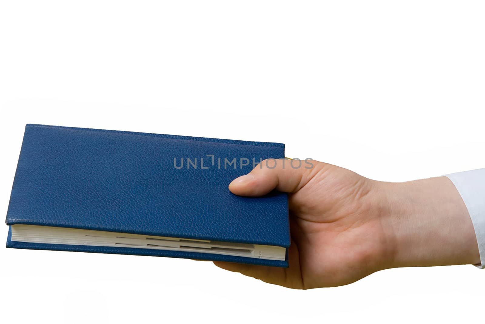 Hand transferring a notebook. Isolated. Close up.
