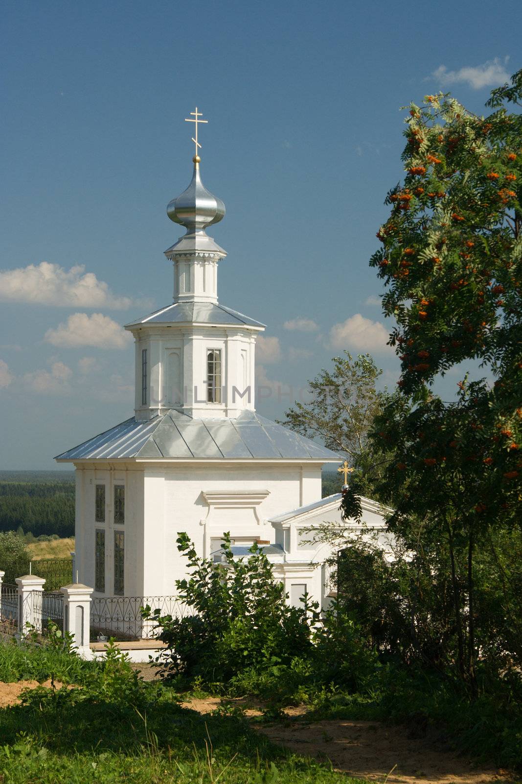 White Christian church on a background of a tree