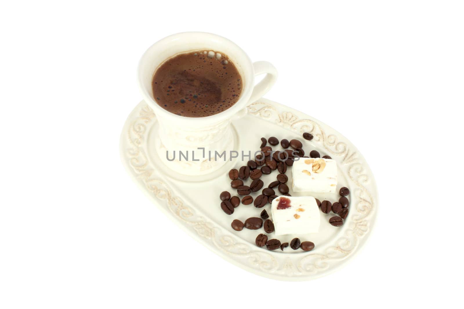 Cup of coffe with cakes isolated on white