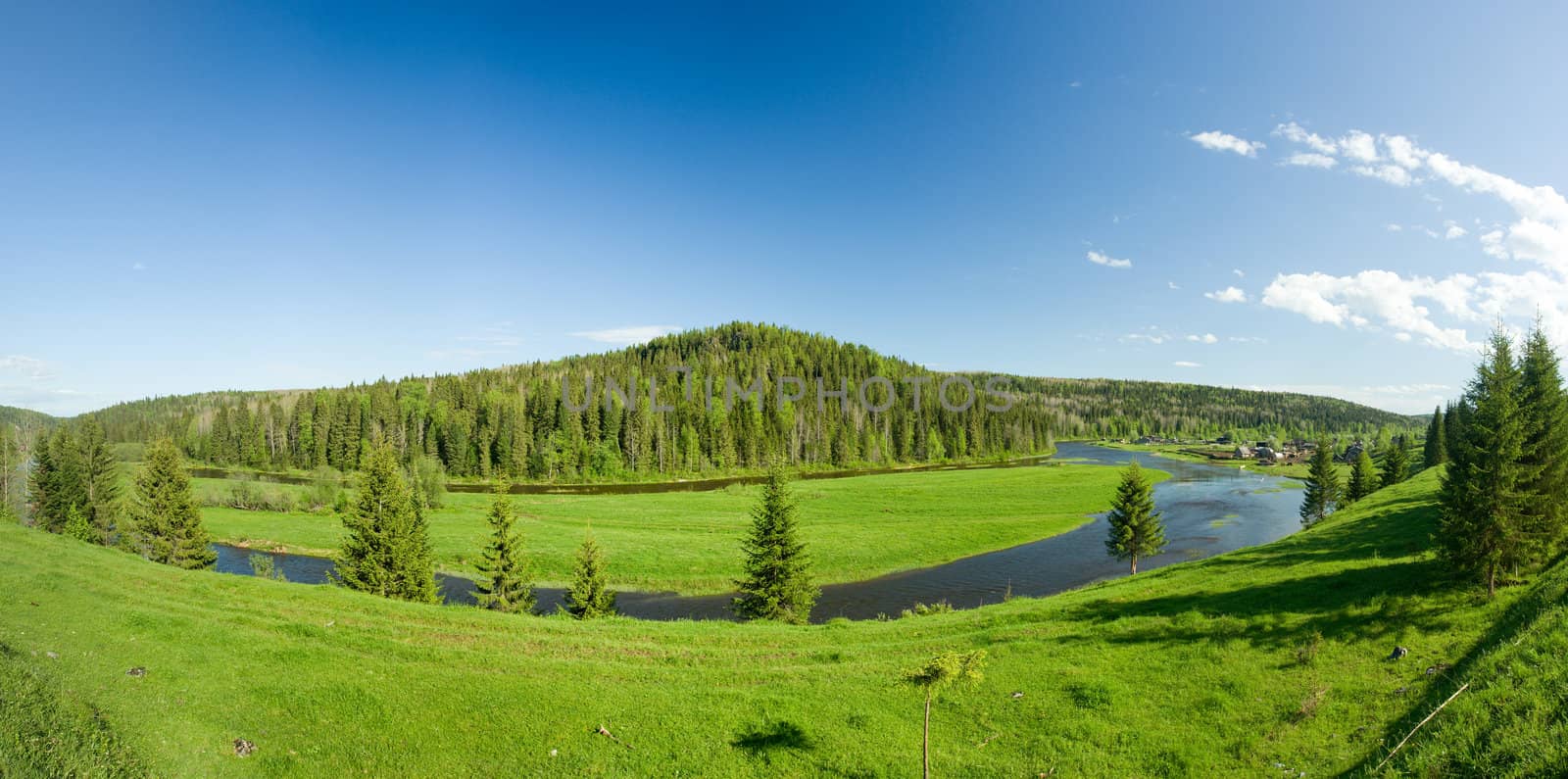 Summer landscape. Village on the river. Panorama. by ISerg