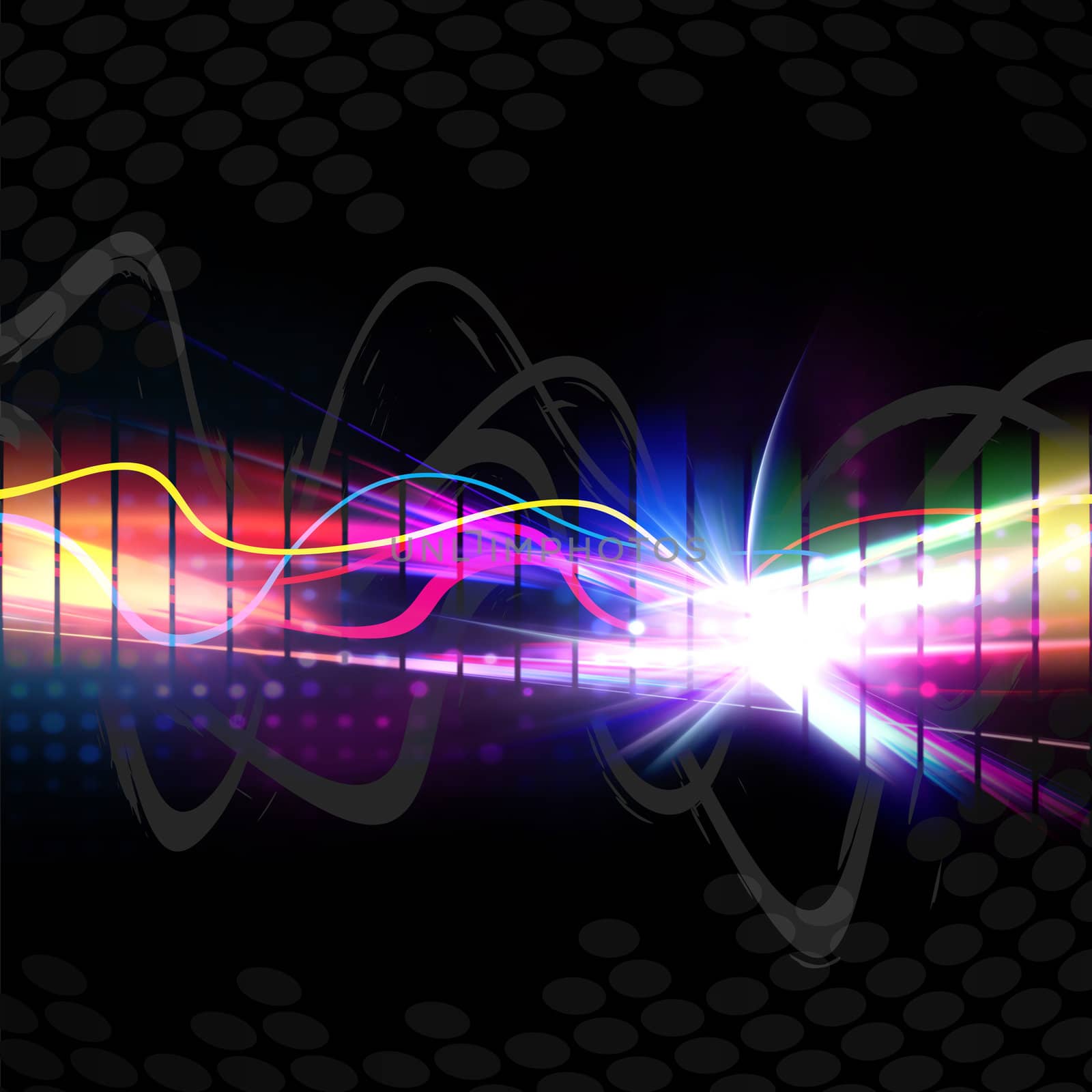 A rainbow colored graphic equalizer wave form isolated over a black background.