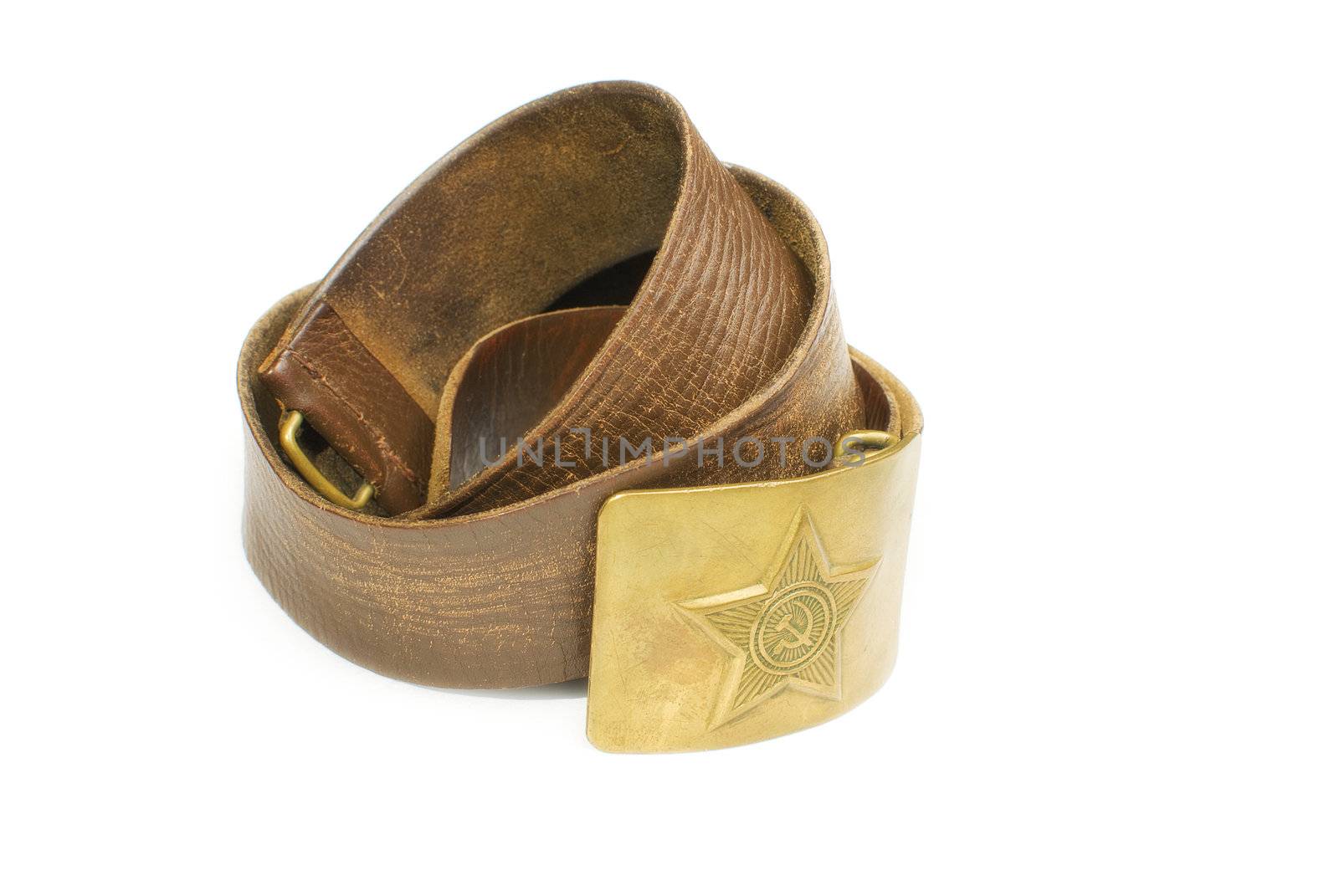 Leather belt of the Soviet soldier isolated on white bachground