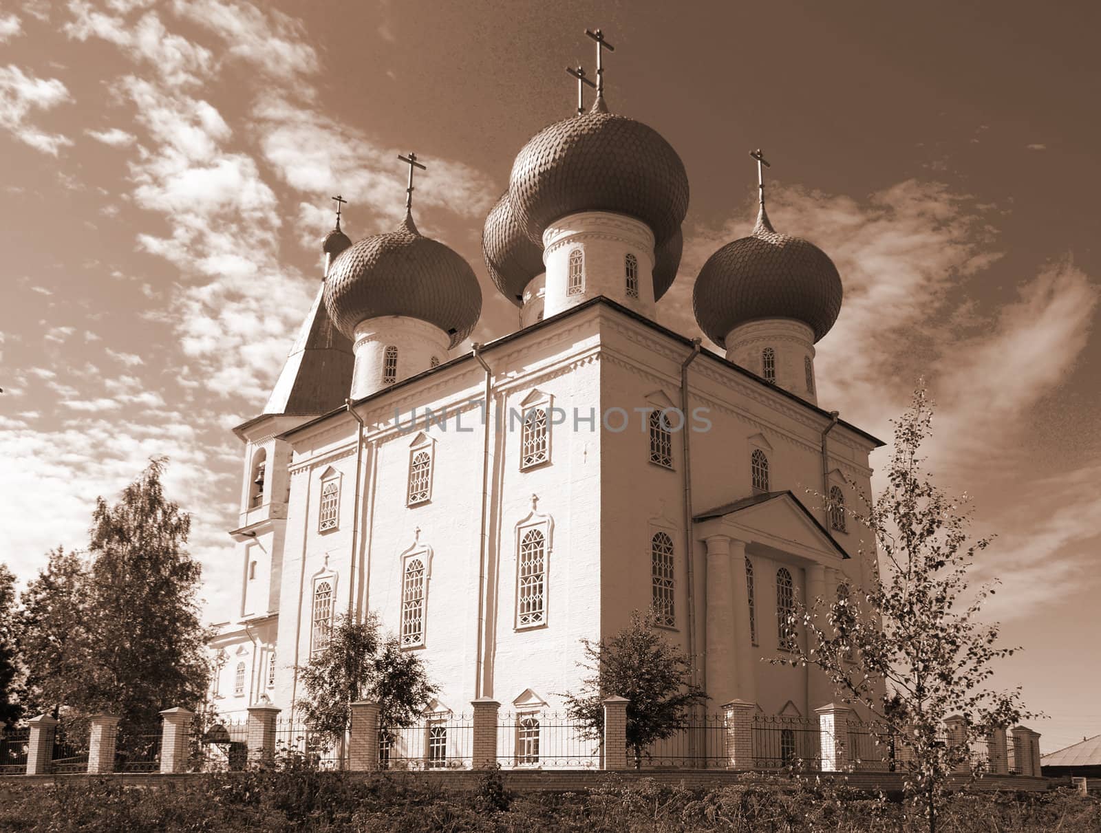 Orthodox church.Arkhangelsk.On a background of the blue sky.tone sepia