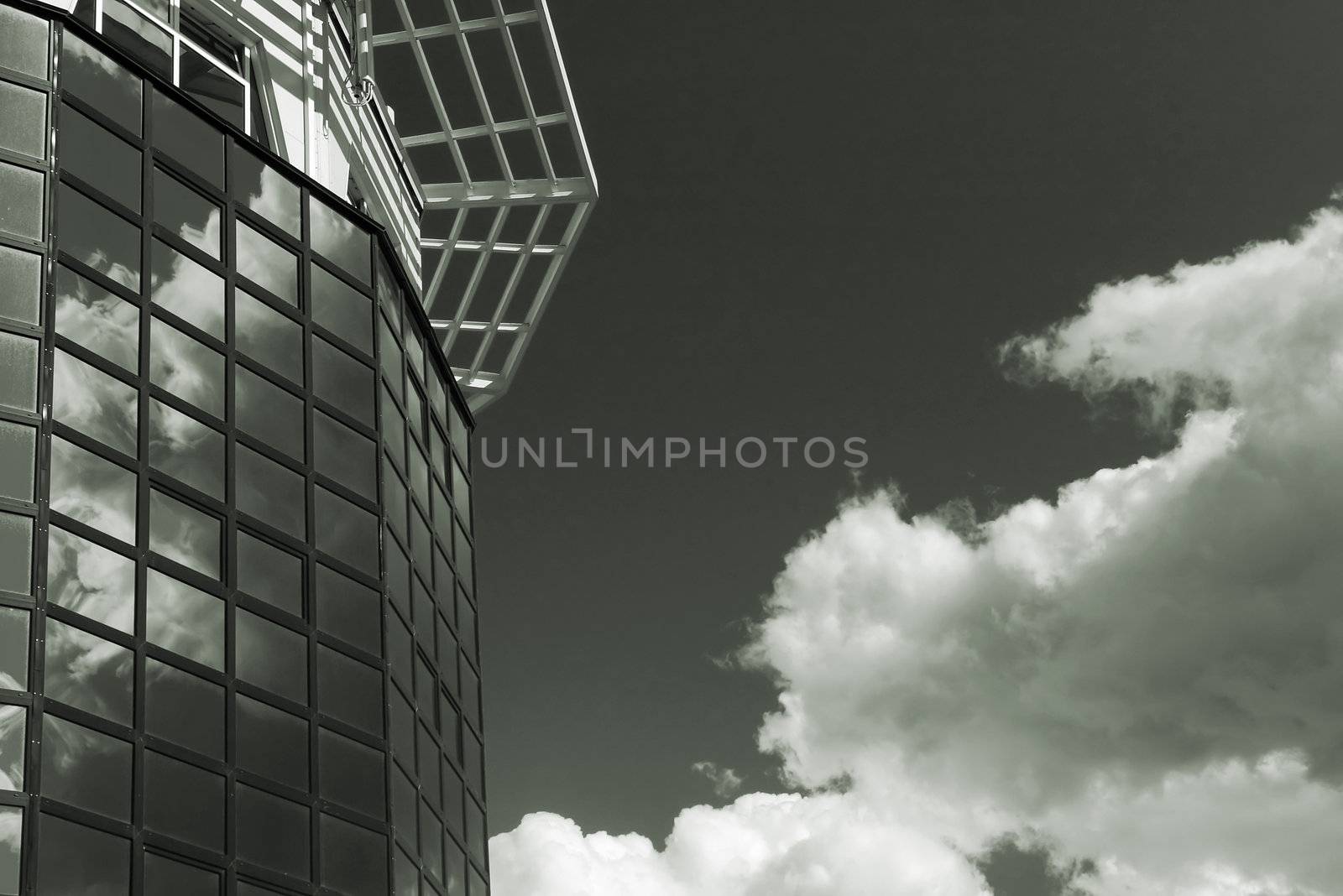 business building much offices bright blue sky.monochrome