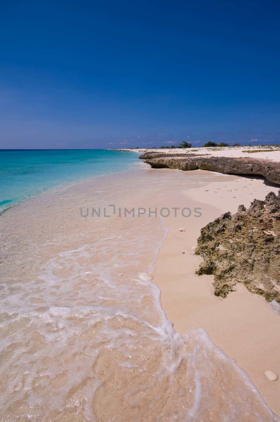 tropical beach with turquoise sea and rocky shore