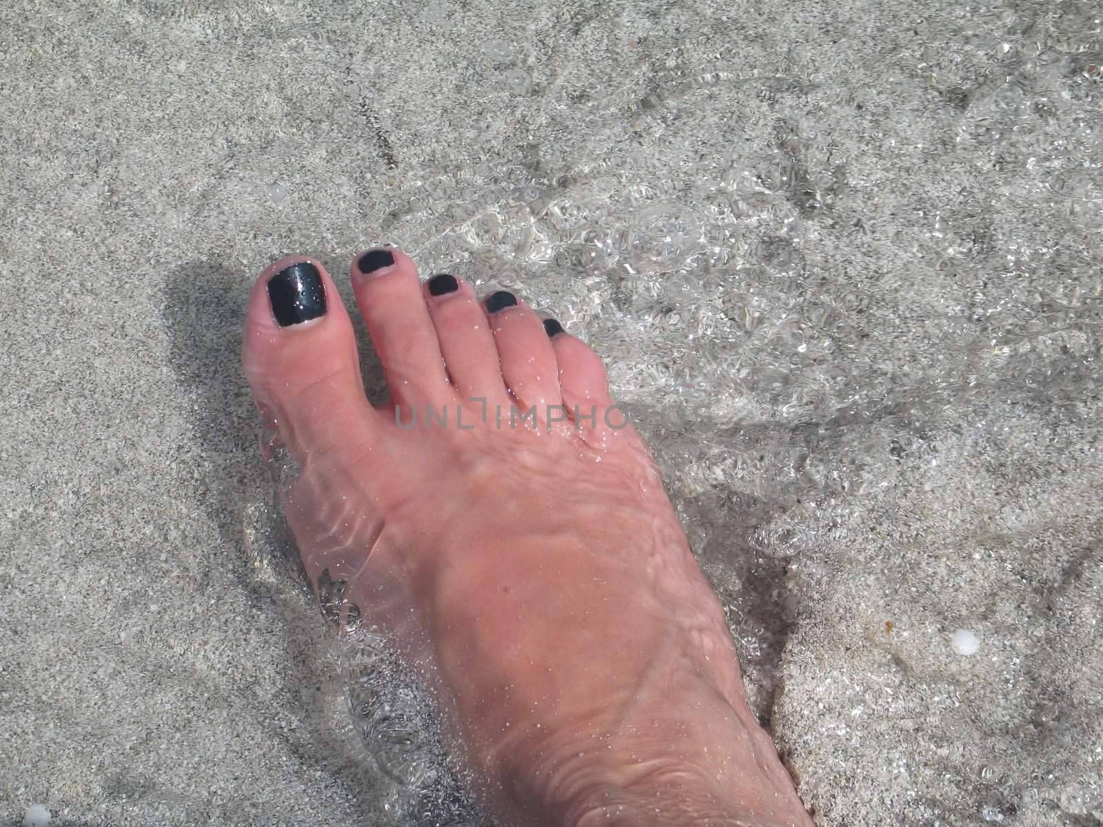 female's feet in the ocean