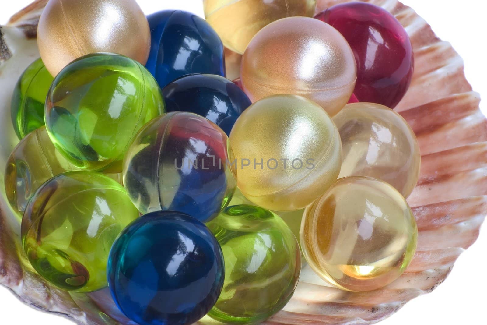 Blue red yellow spheres on a white background 