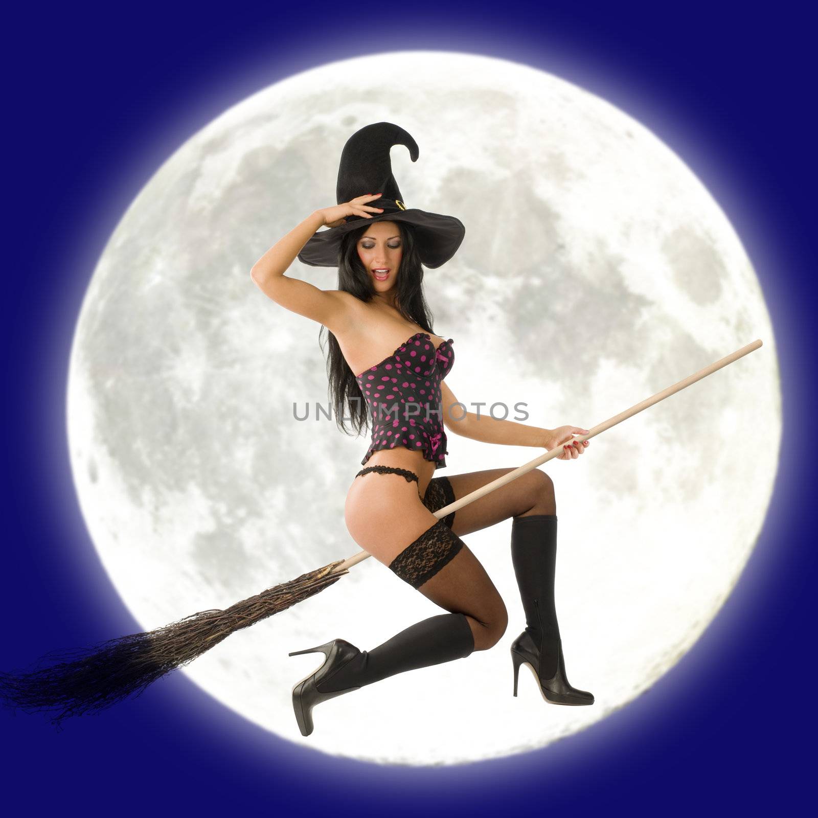 cute sexy witch in lingerie flying with broom and a big moon behind