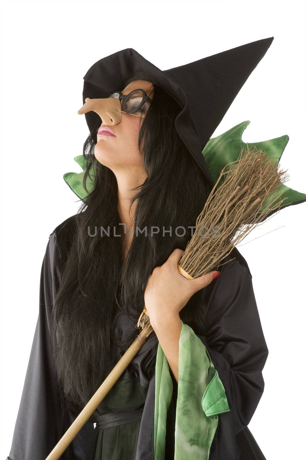 profile of old ugly witch with big nose and glasses arming a broom
