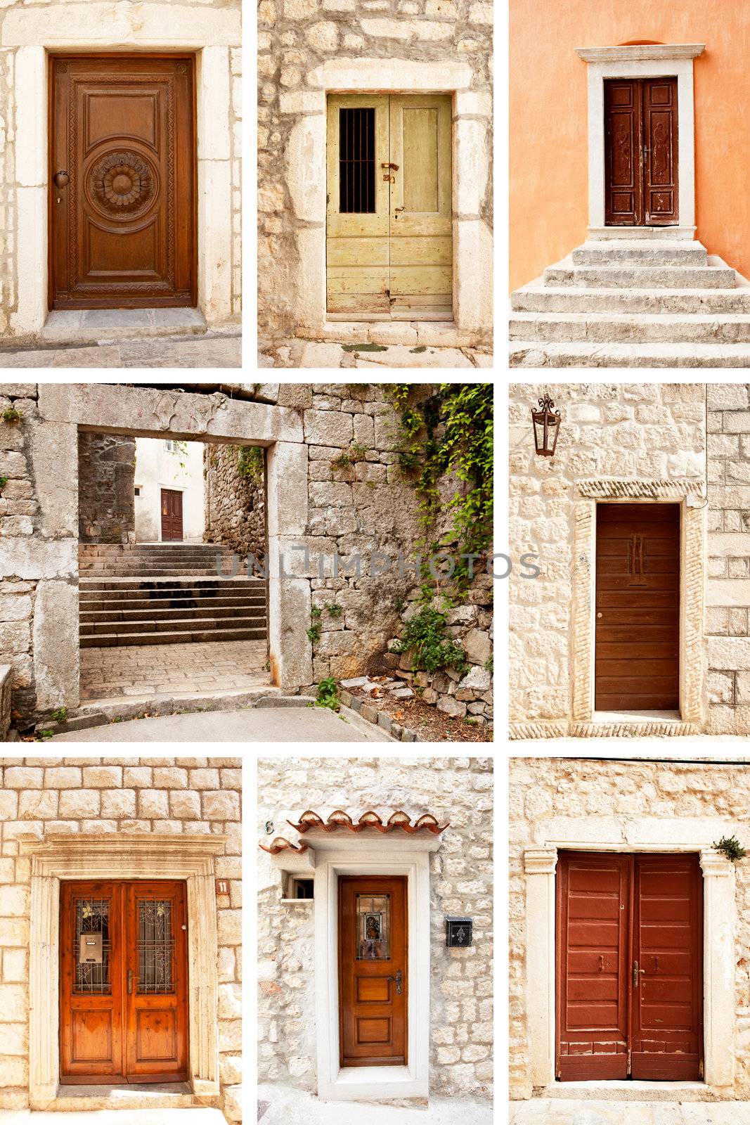 A group of old wooden doors on very old stone buildings