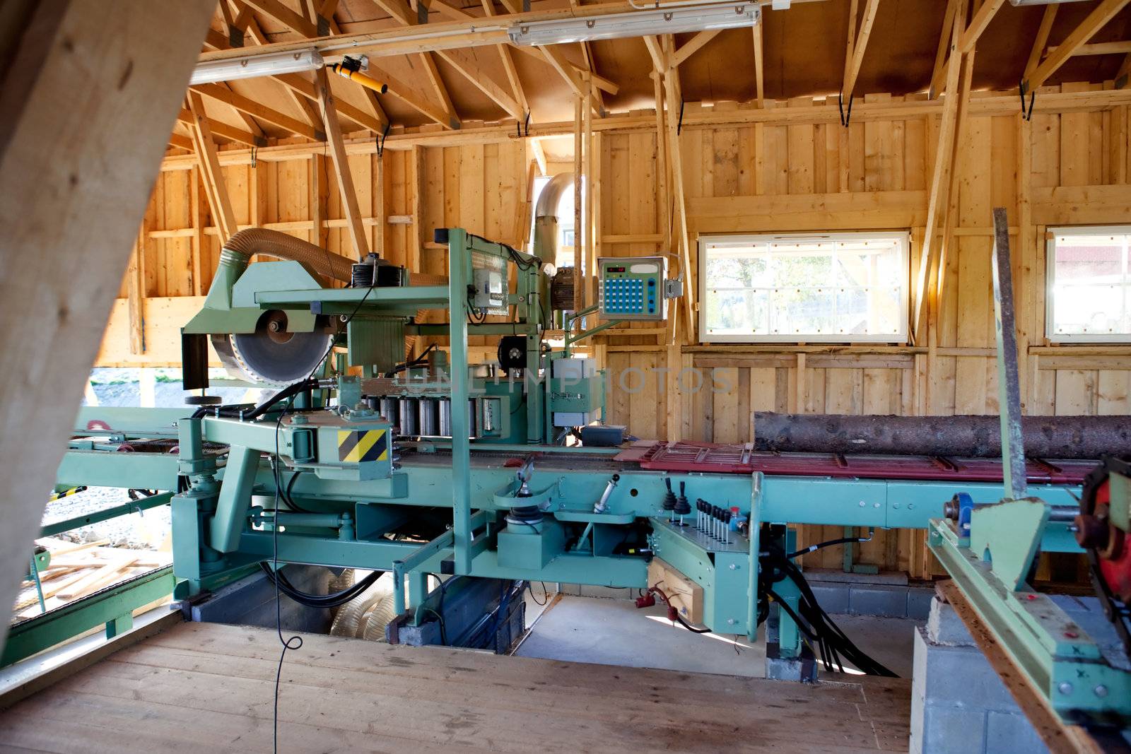 An interior of a small saw mill 