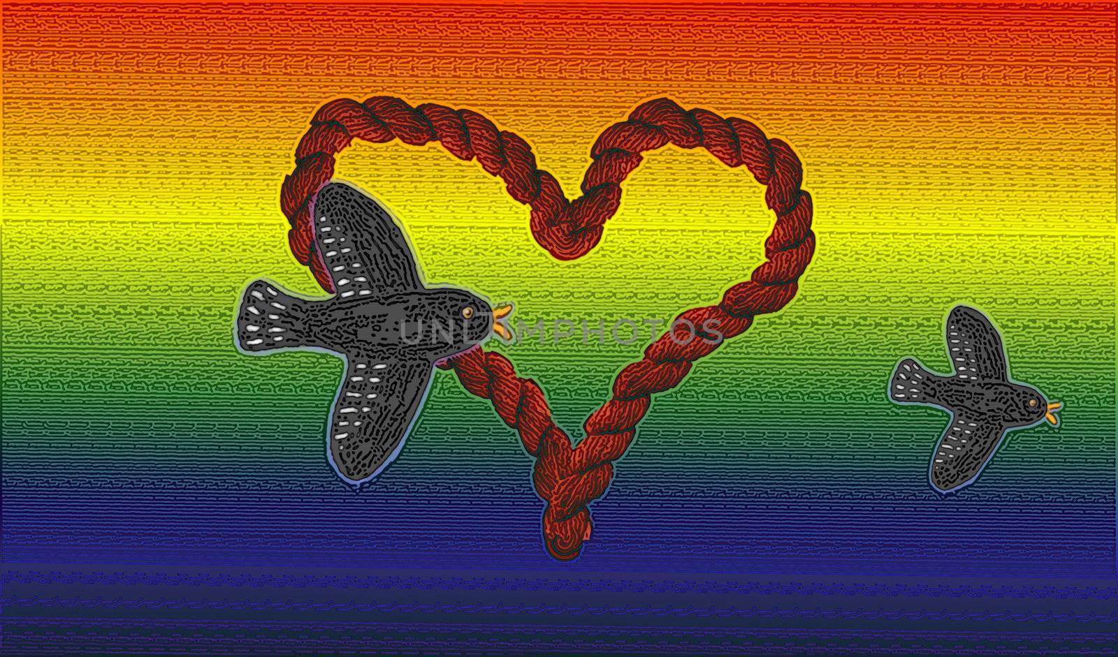 great creative abstract colored textured symbolic image of a pair of bird flight, through the heart, against the backdrop of a rainbow.
