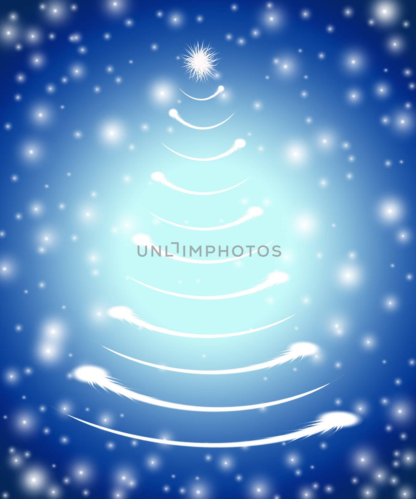 christmas tree drawn by white lights over blue background 
