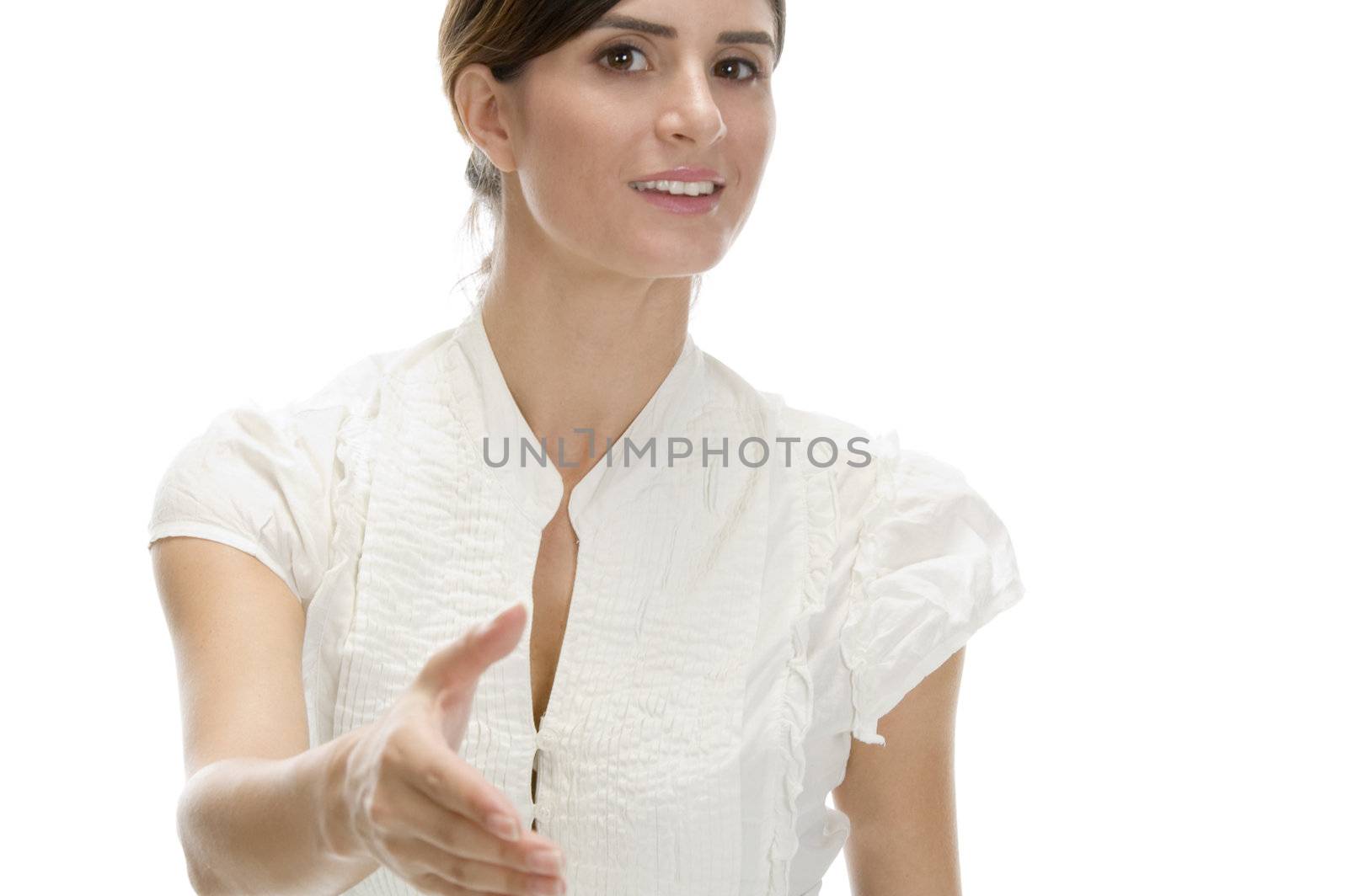 young woman offering hand shake against white background