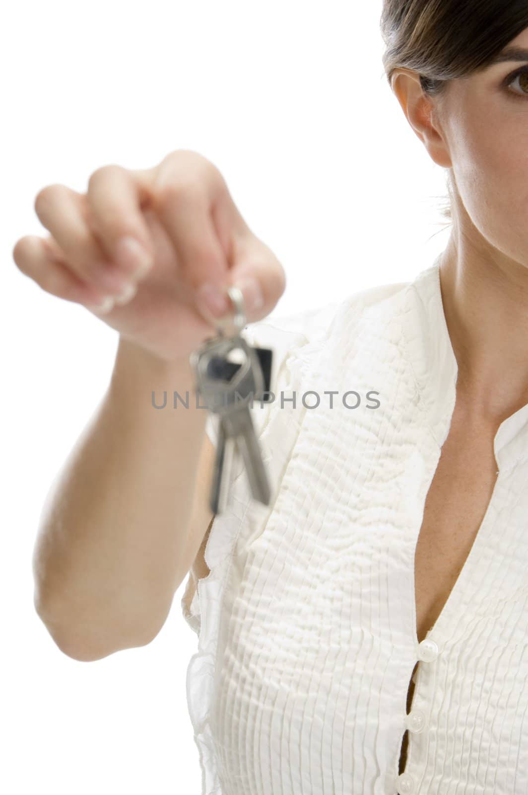 lady with keys in her hand on an isolated white background