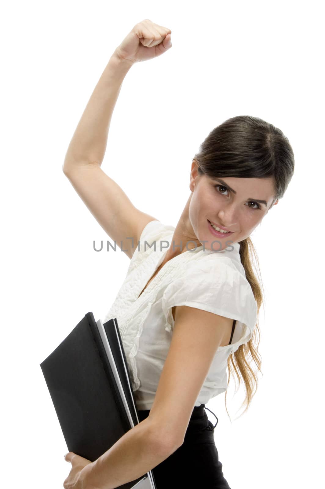posing lady with files on an isolated white background