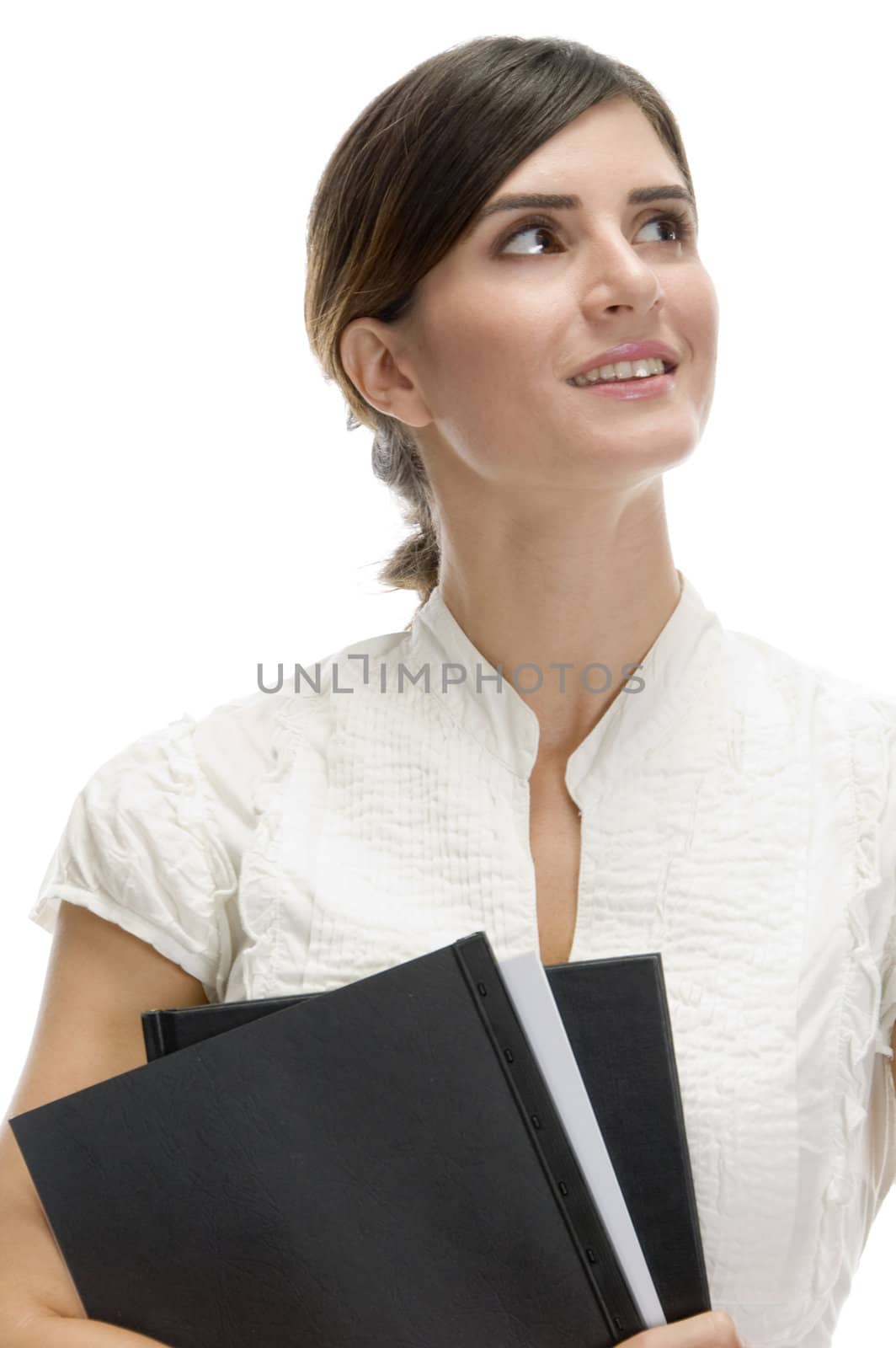 lady looking upward with files on an isolated white background