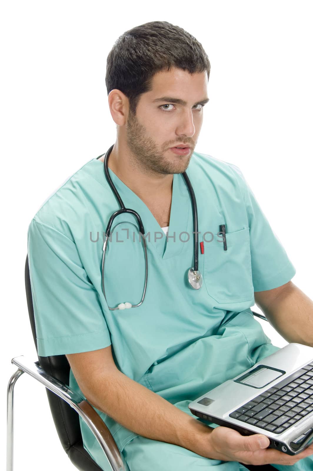 sitting man looking you with laptop on an isolated background