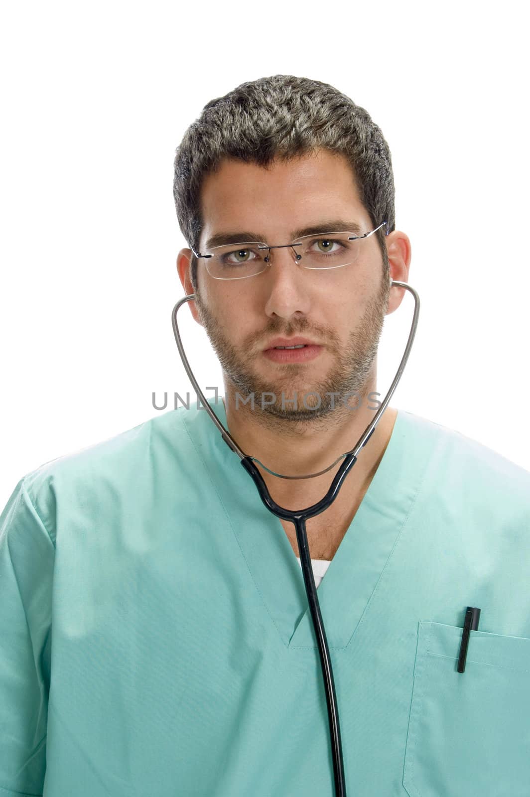 doctor with stethoscope in his ears with white background