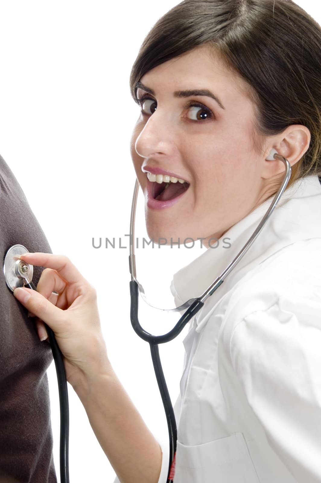 posing smiling lady with stethoscope against white background