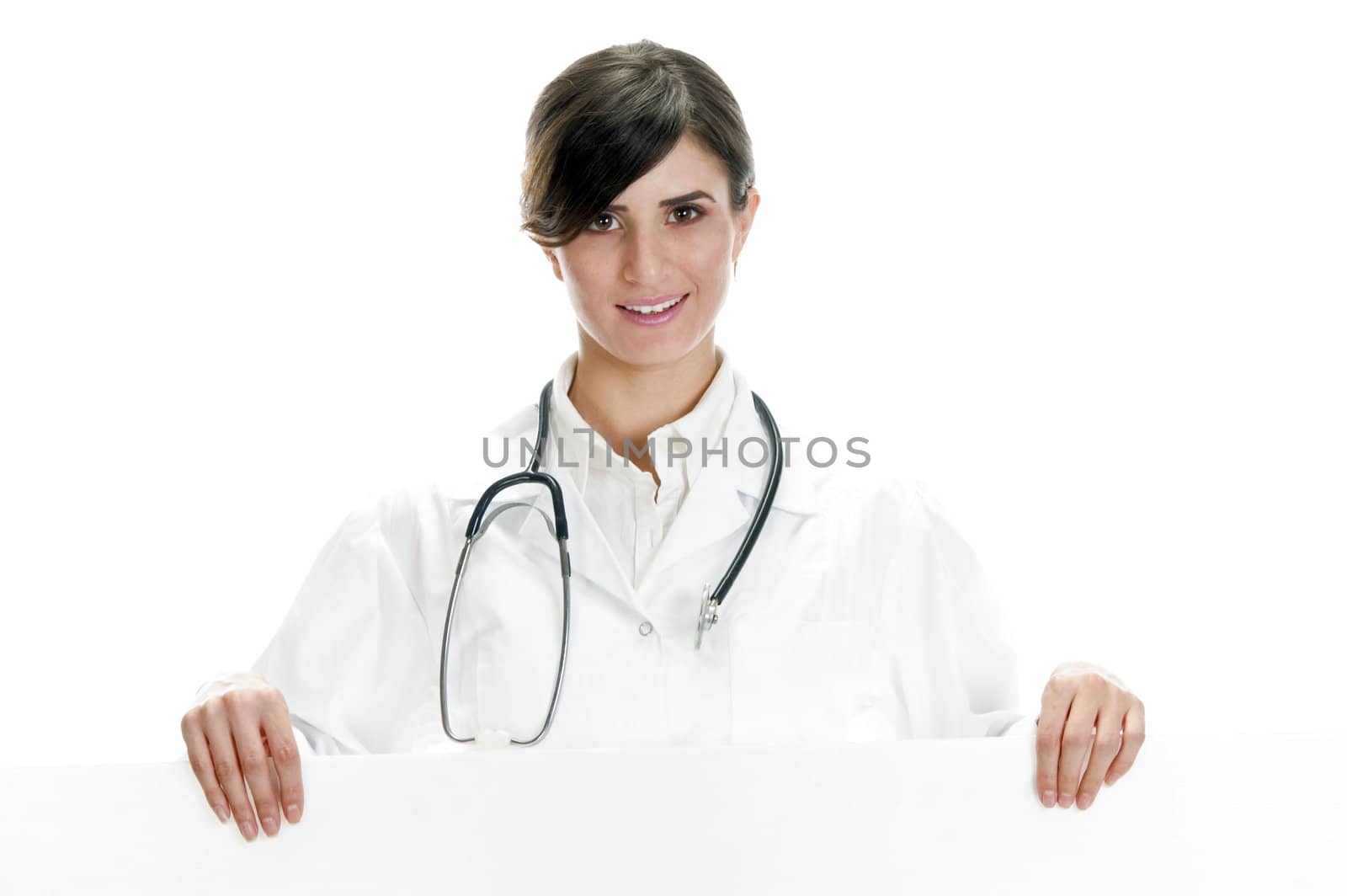 lady doctor standing with placard with white background