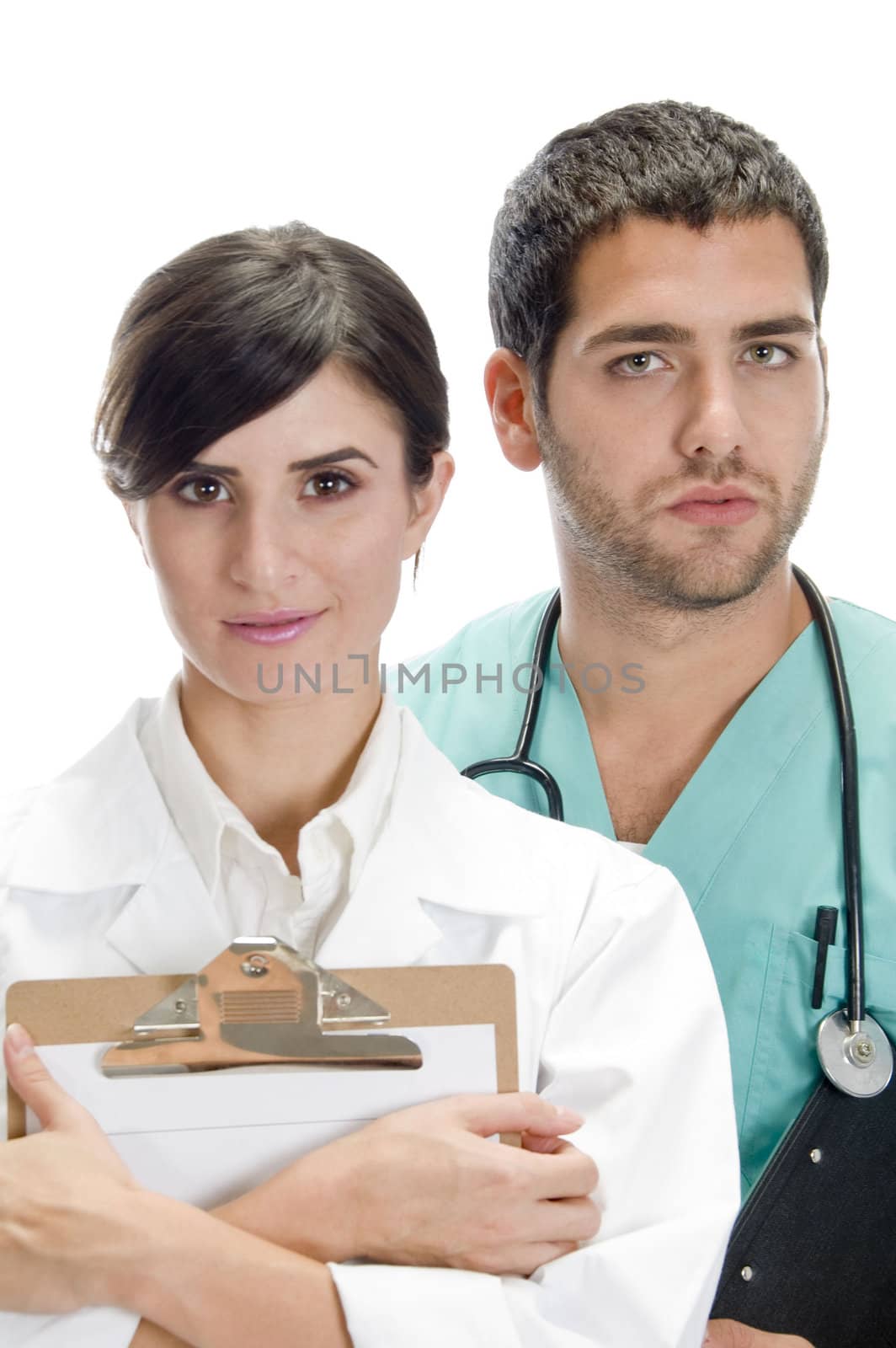 nurse standing with doctor on an isolated white background