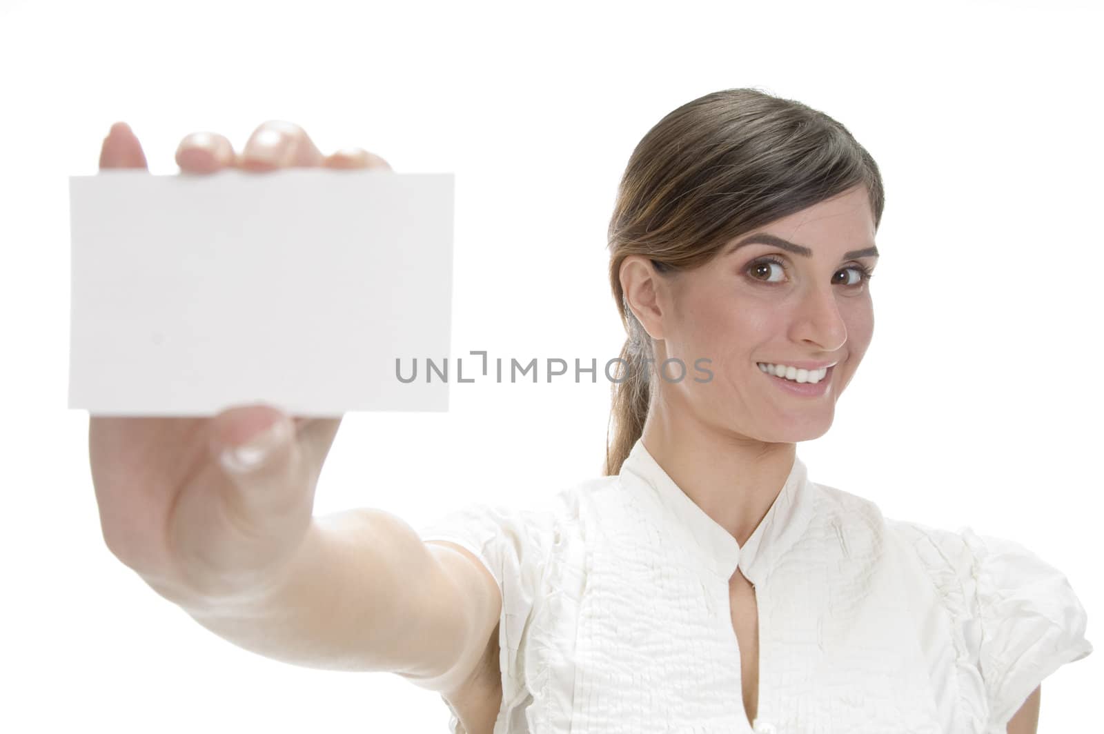 smiling lady showing visiting card on an isolated white background