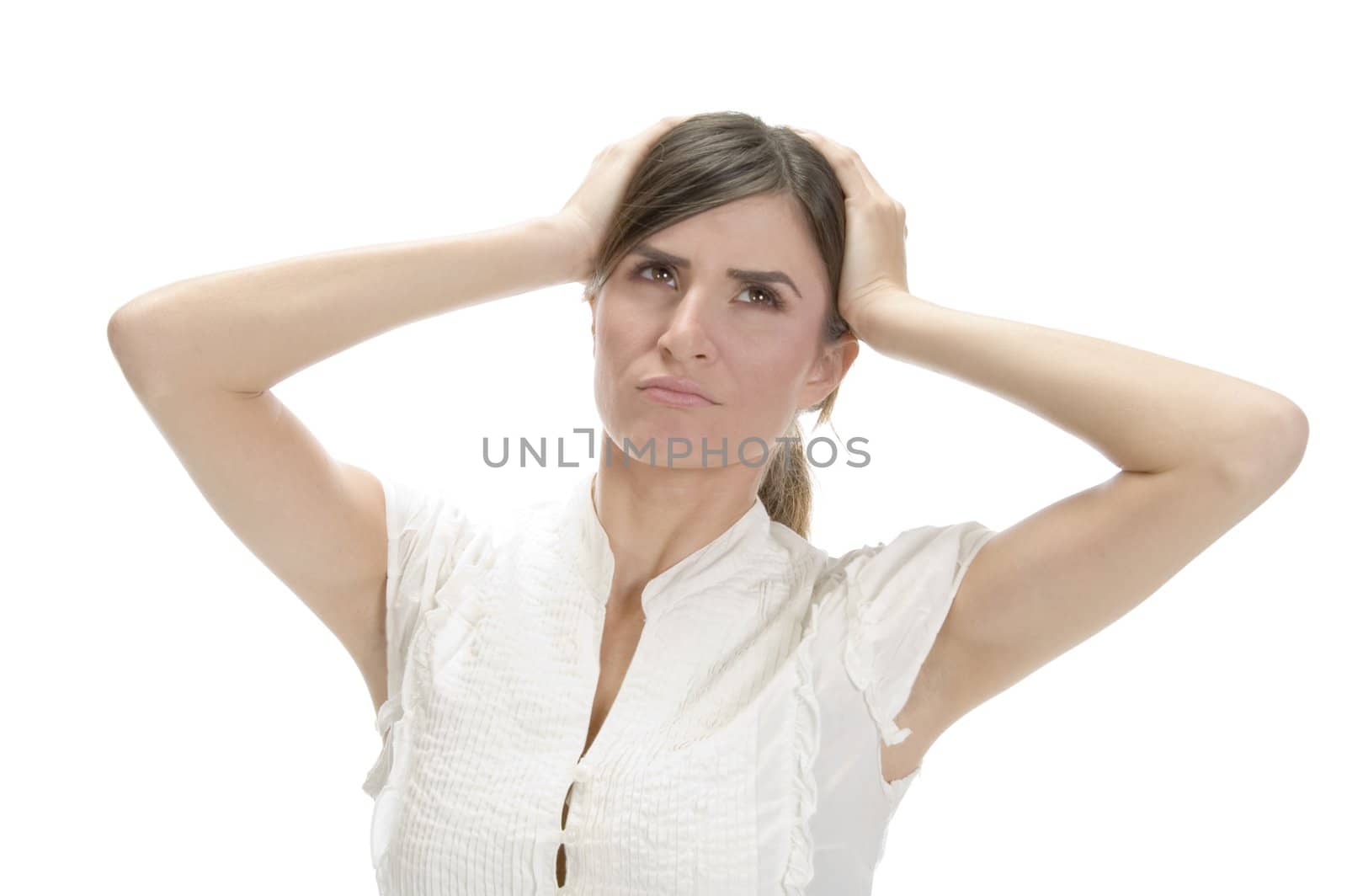 young lady in frustration on an isolated white background